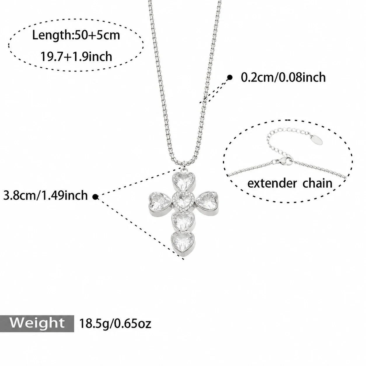 Cross Pendant Necklace with Cubic Zirconia and Gold PVD - Silver Heart Cubic Zirconia Cross With , 50 + 5 cm