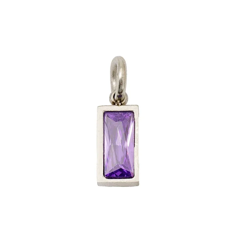 Refined Stainless Steel Baguette CZ Bezel Pendant - February Silver