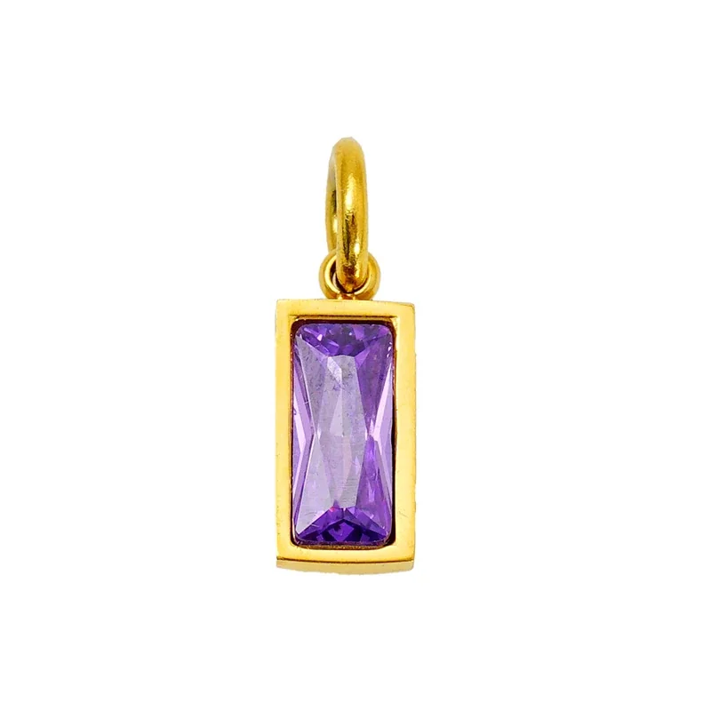 Refined Stainless Steel Baguette CZ Bezel Pendant - February Gold