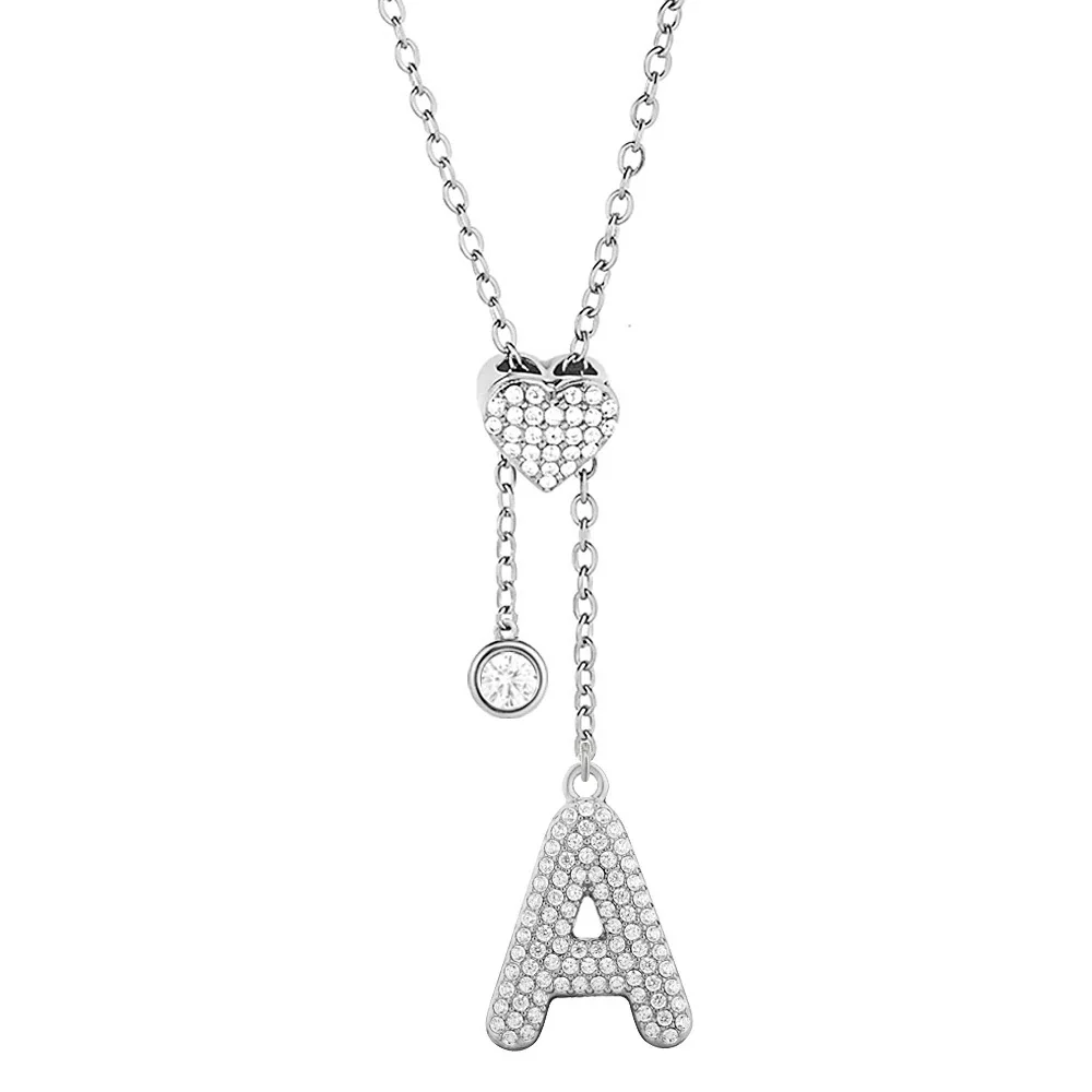 Polished 316 Stainless Steel Pavé Initial Necklace - Silver Letter A