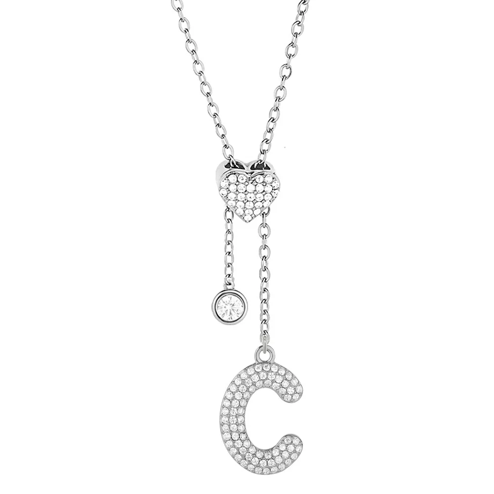 Polished 316 Stainless Steel Pavé Initial Necklace - Silver Letter F