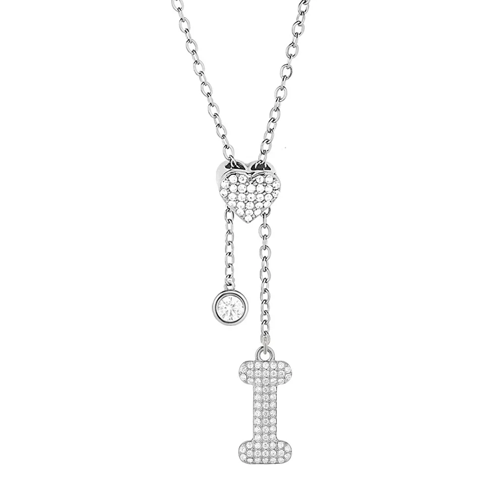 Polished 316 Stainless Steel Pavé Initial Necklace - Silver Letter I