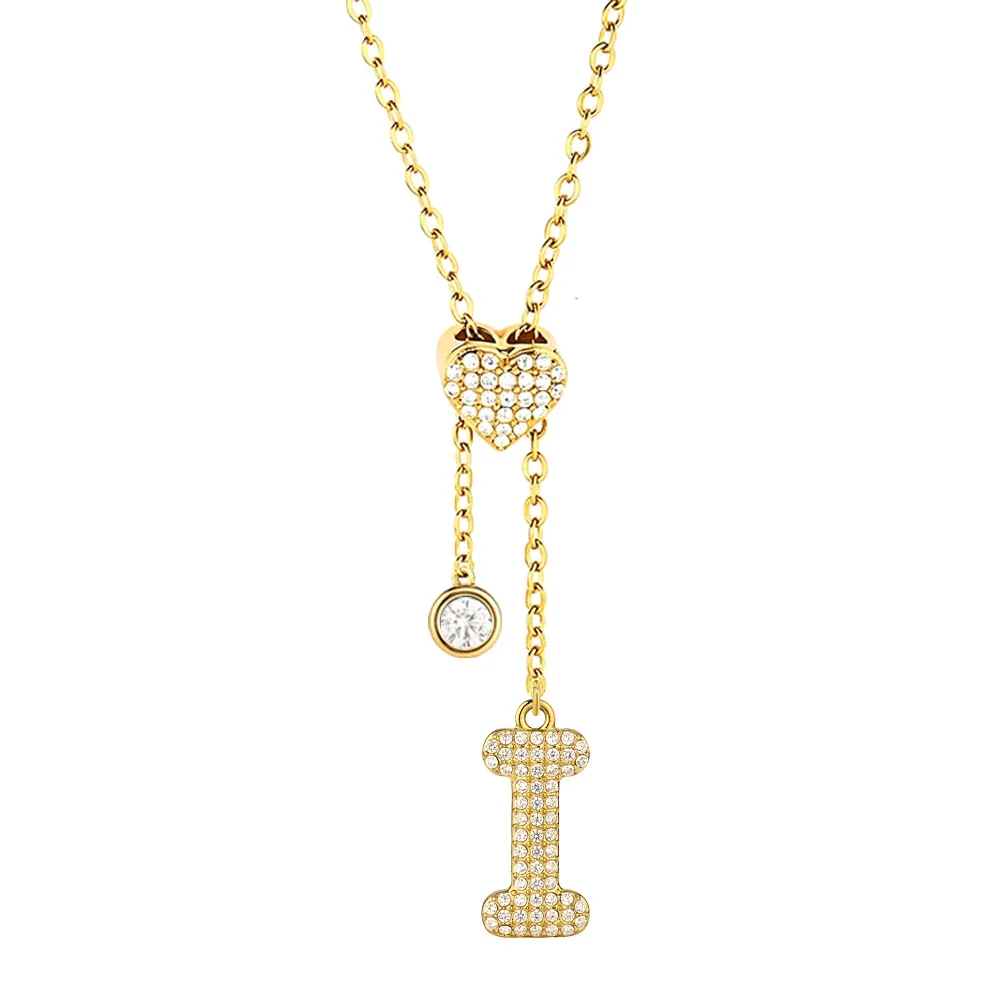 Polished 316 Stainless Steel Pavé Initial Necklace - Gold Letter I
