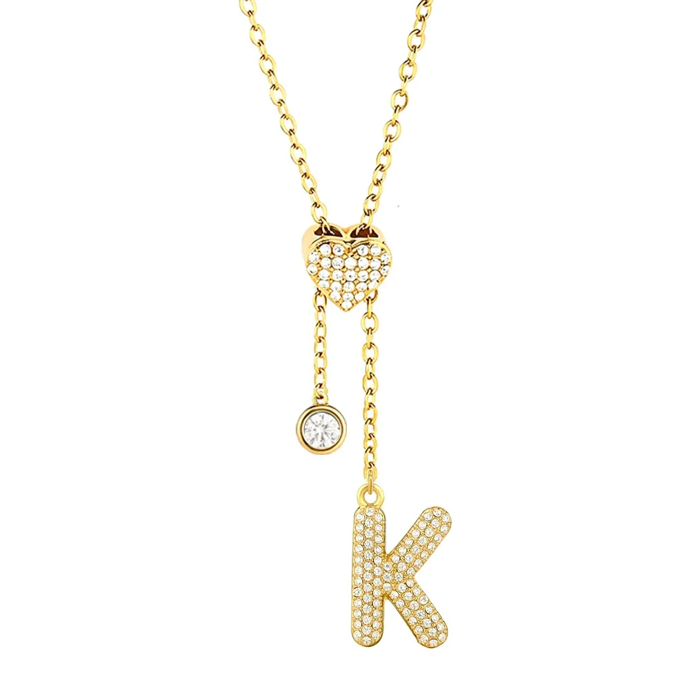 Polished 316 Stainless Steel Pavé Initial Necklace - Silver Letter K