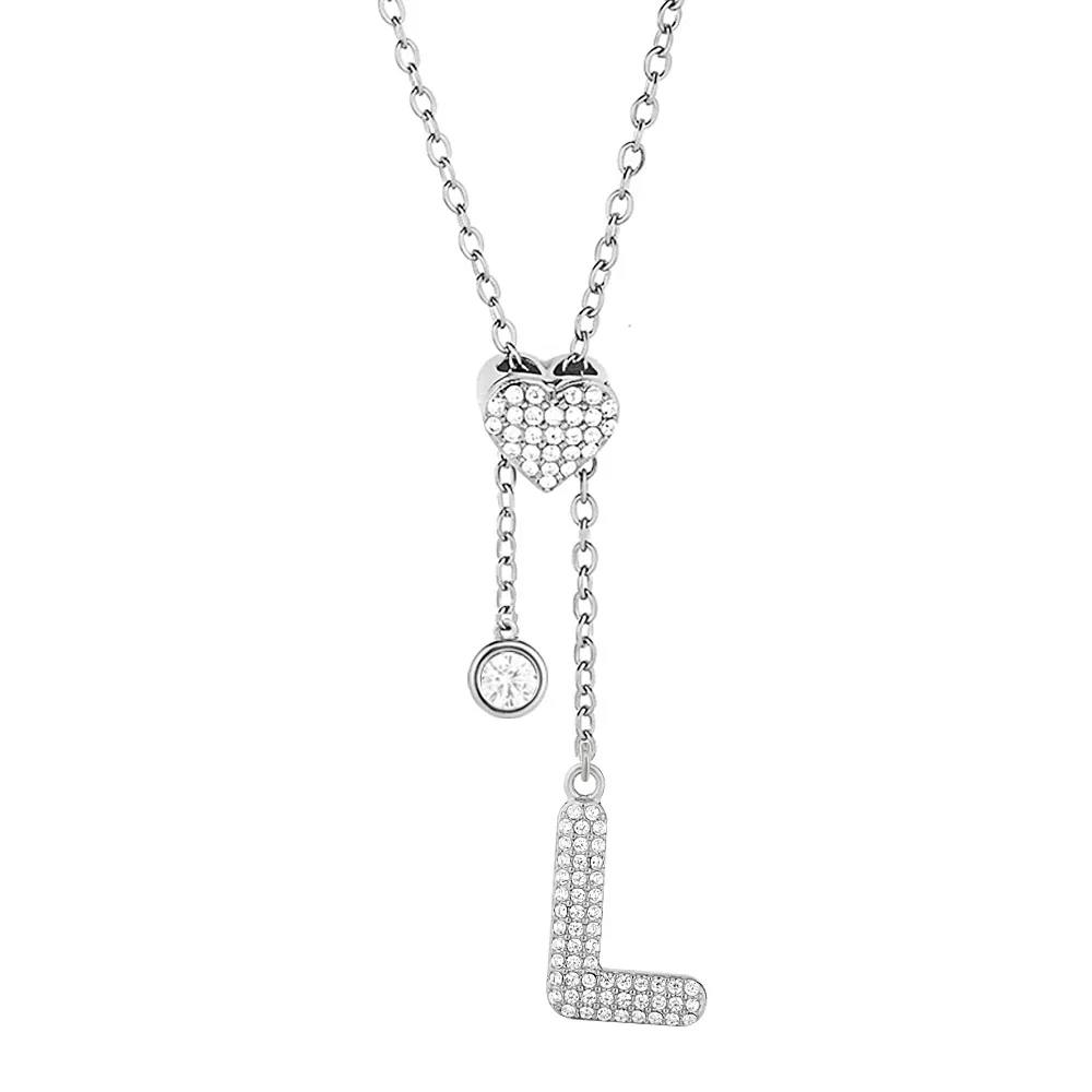 Polished 316 Stainless Steel Pavé Initial Necklace - Silver Letter L