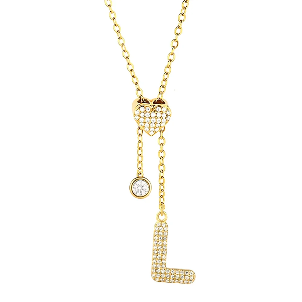 Polished 316 Stainless Steel Pavé Initial Necklace - Gold Letter L