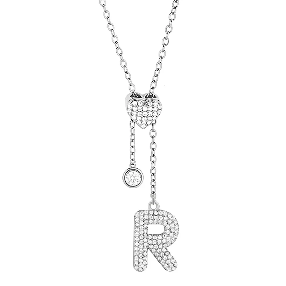 Polished 316 Stainless Steel Pavé Initial Necklace - Silver Letter R