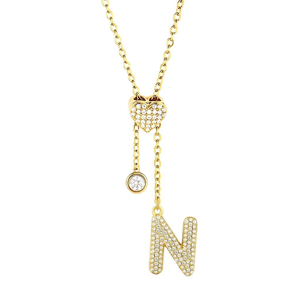 Polished 316 Stainless Steel Pavé Initial Necklace - Gold Letter U
