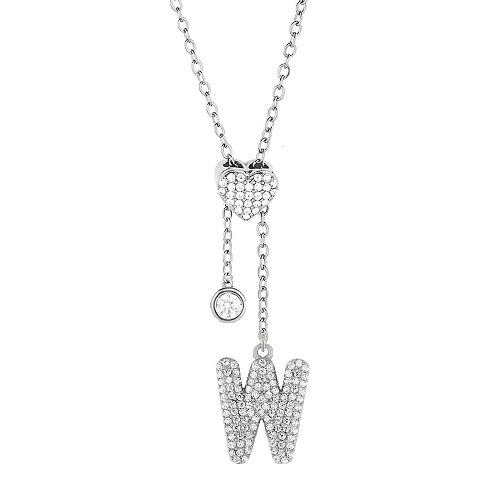 Polished 316 Stainless Steel Pavé Initial Necklace - Gold Letter W