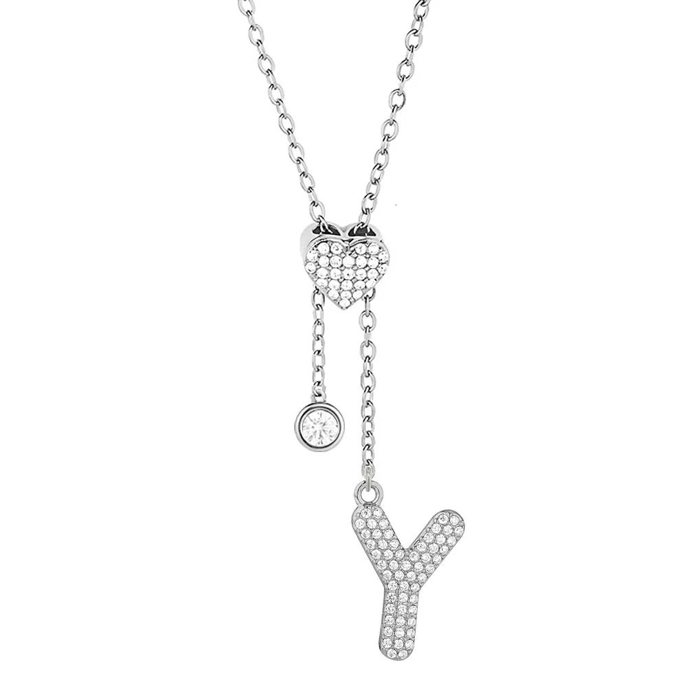 Polished 316 Stainless Steel Pavé Initial Necklace - Gold Letter Y