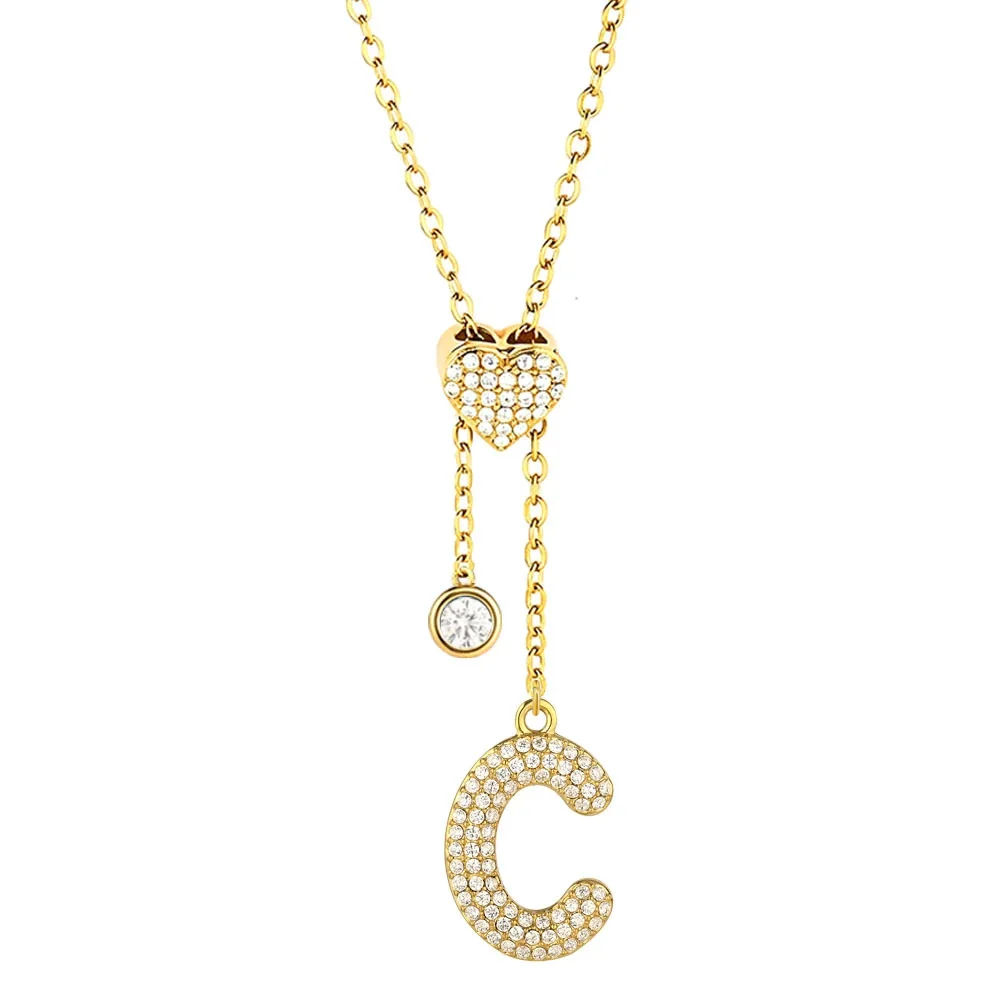 Polished 316 Stainless Steel Pavé Initial Necklace - Gold Letter C