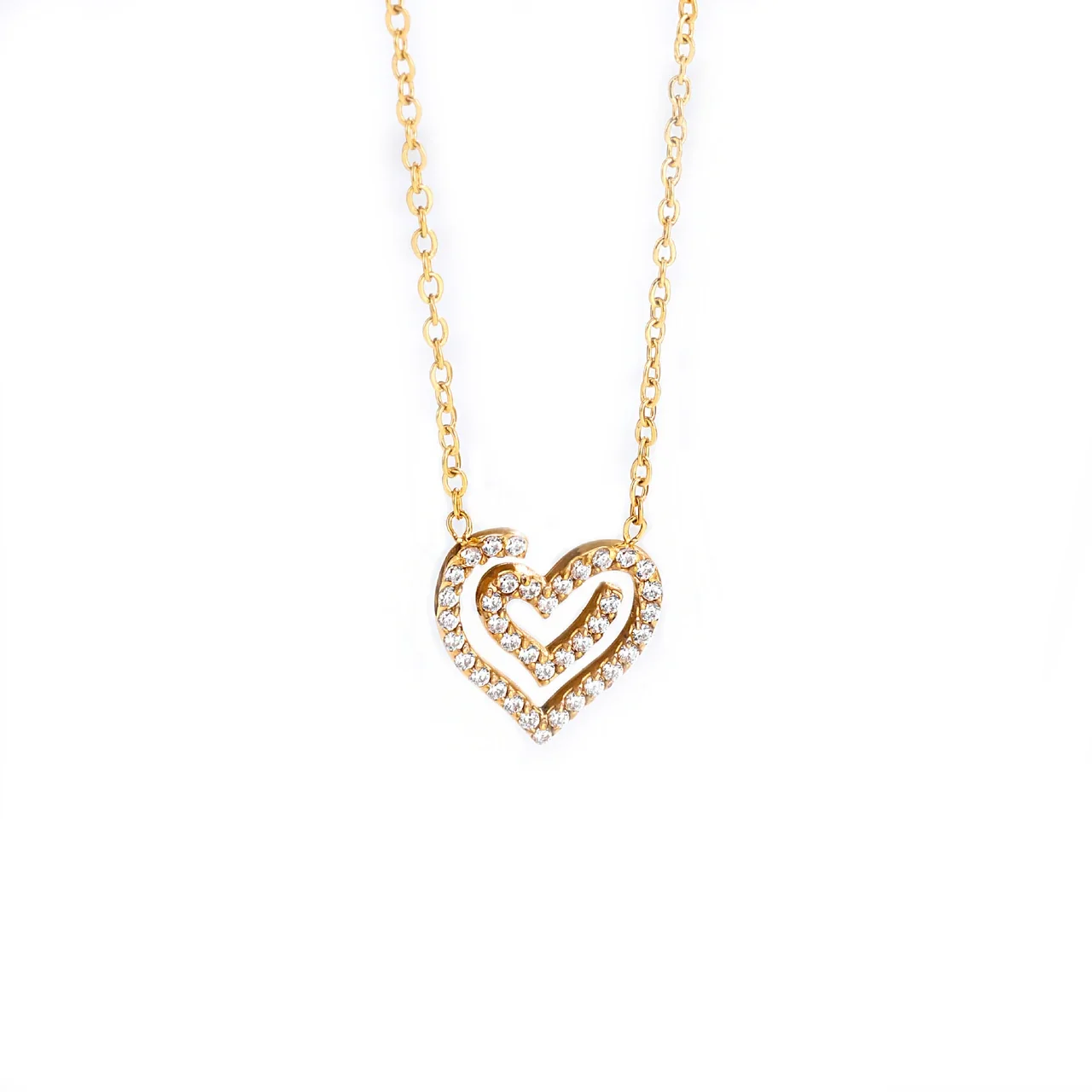 Jewelry Set with CZ Open Heart Pendant Gold-Tone Stainless Steel