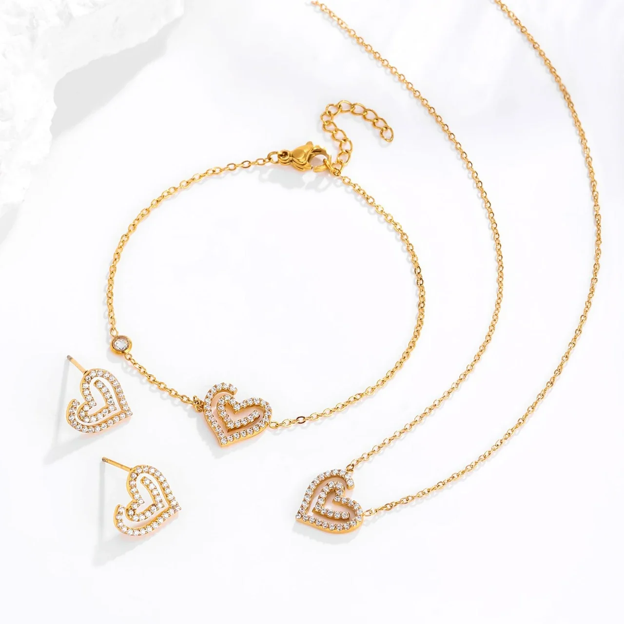 Jewelry Set with CZ Open Heart Pendant Gold-Tone Stainless Steel - Stud