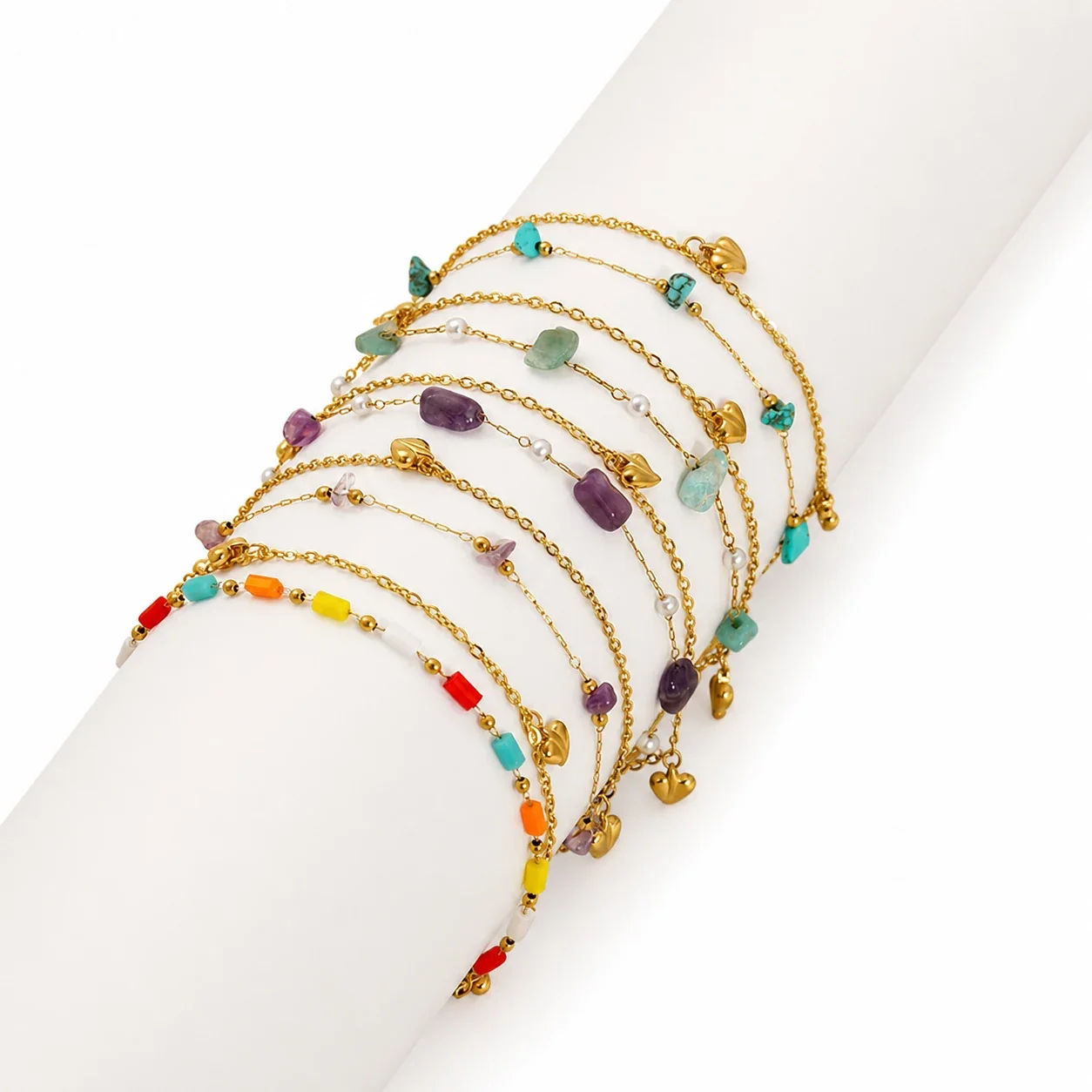 Playful Gold PVD 316 Stainless Steel Beaded Heart Anklet