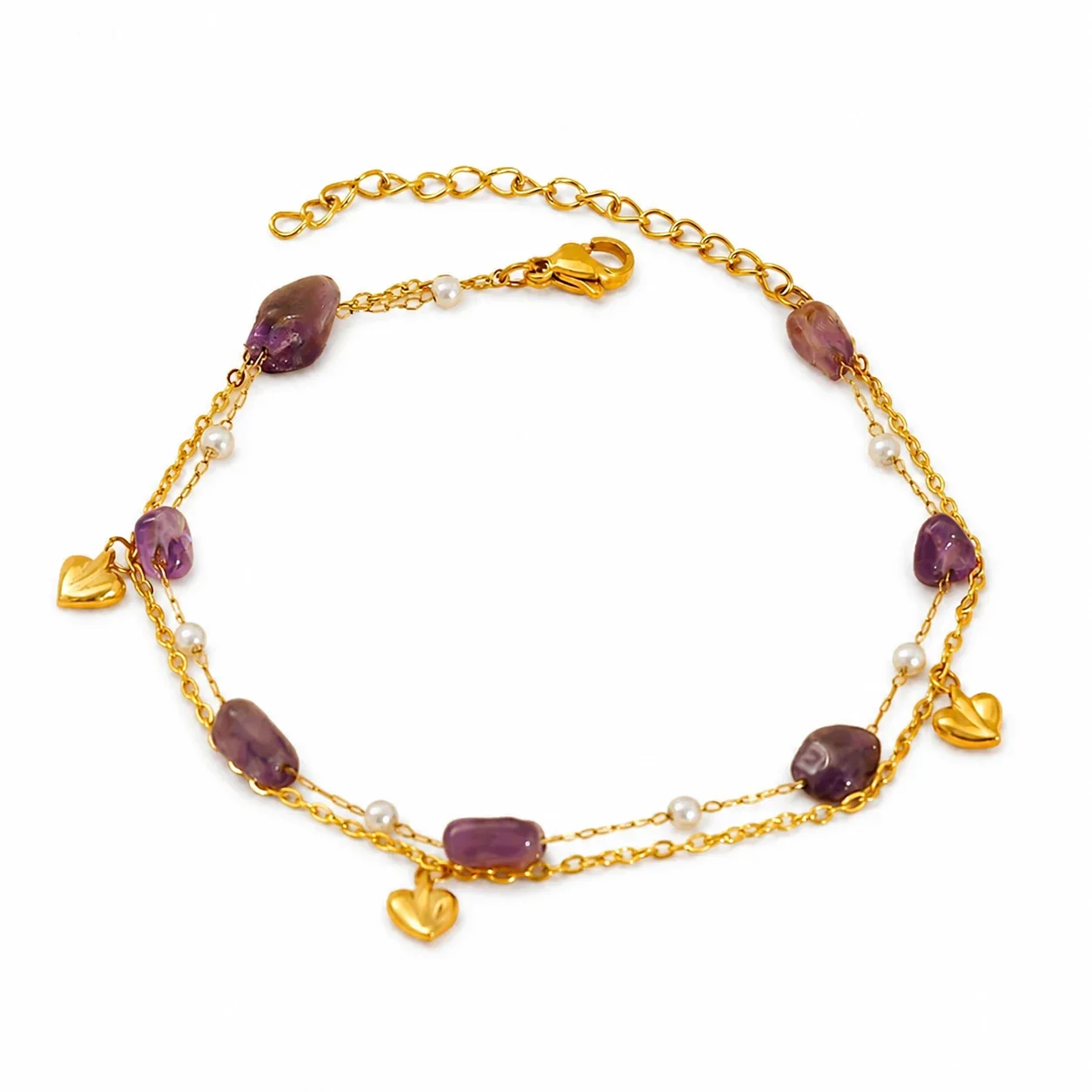 Playful Gold PVD 316 Stainless Steel Beaded Heart Anklet