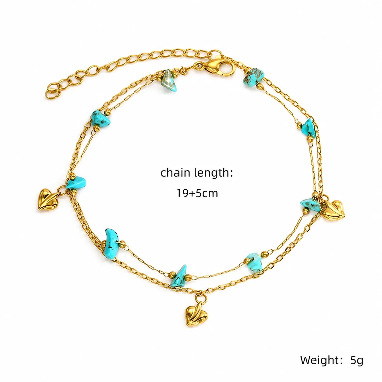 Playful Gold PVD 316 Stainless Steel Beaded Heart Anklet - Turquoise Chip