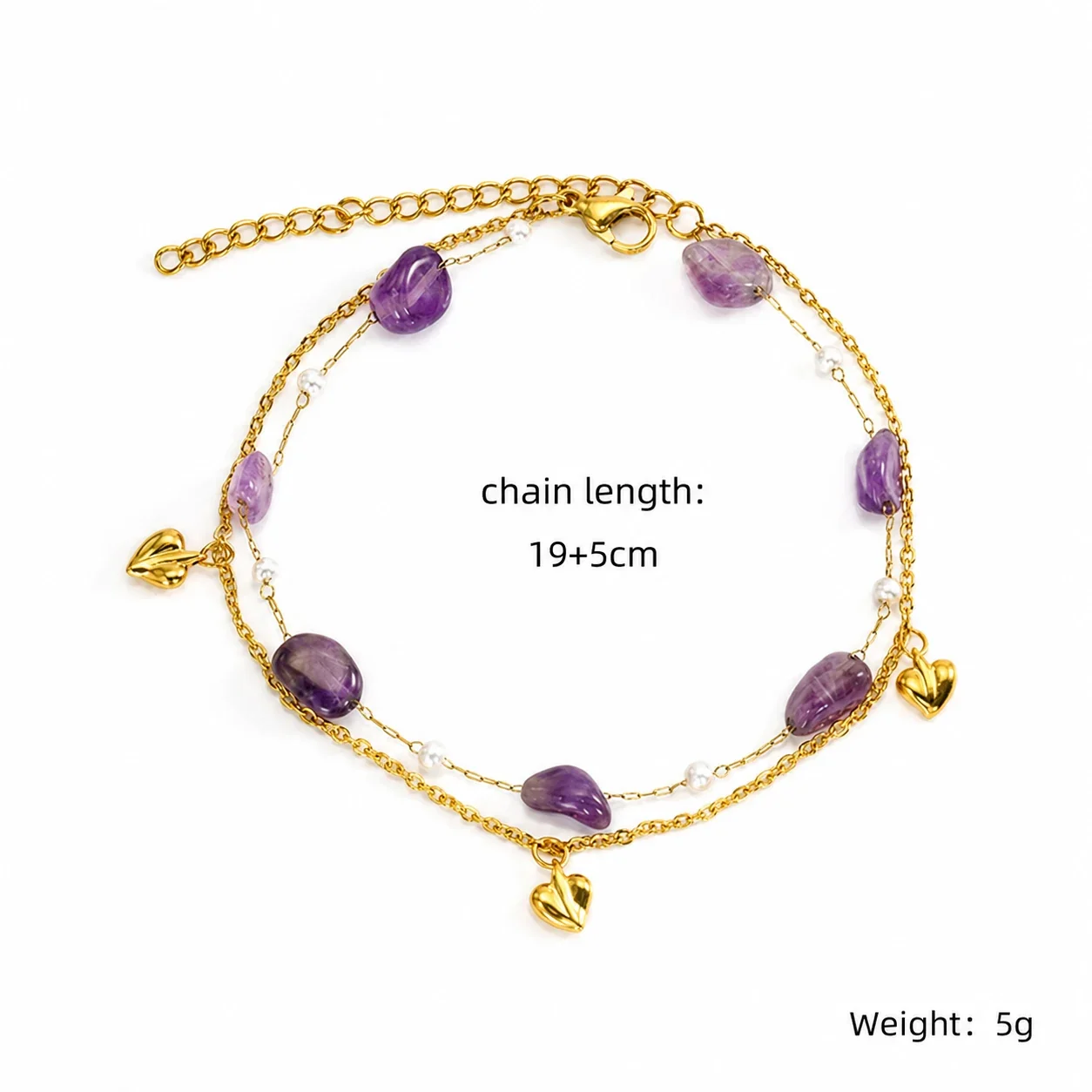 Playful Gold PVD 316 Stainless Steel Beaded Heart Anklet - Purple Bead