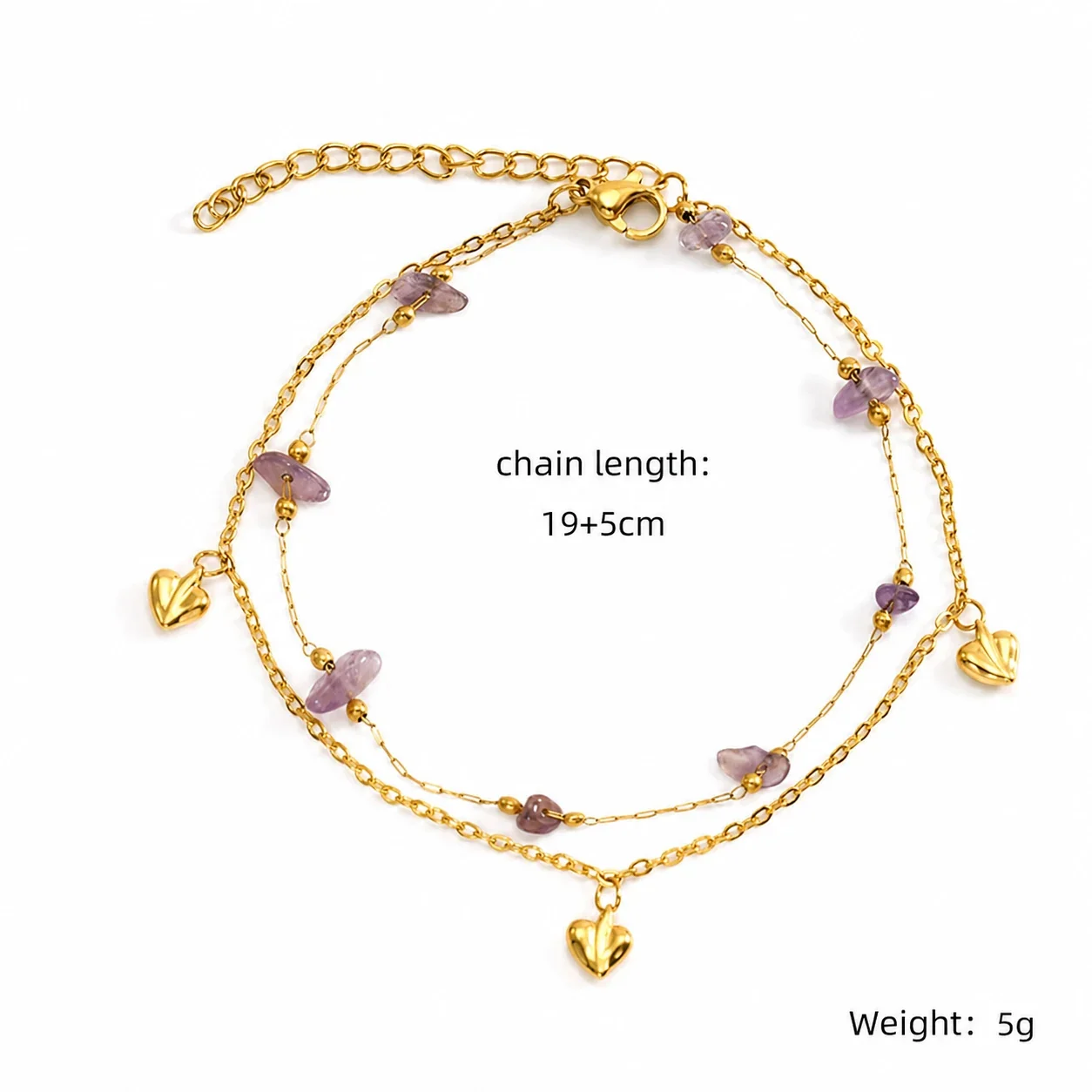Playful Gold PVD 316 Stainless Steel Beaded Heart Anklet - Green Stone-Effect