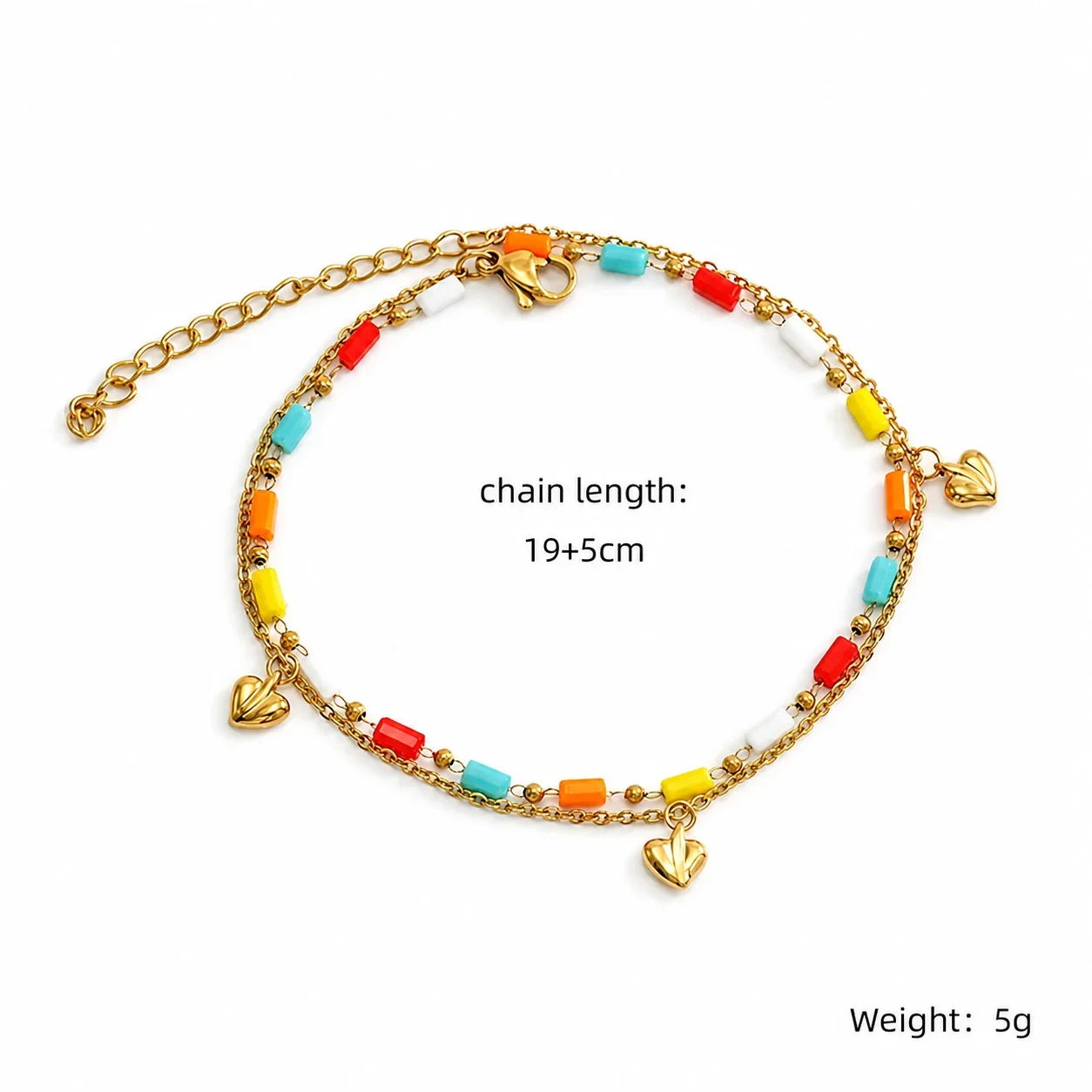Playful Gold PVD 316 Stainless Steel Beaded Heart Anklet - Mixed Bead