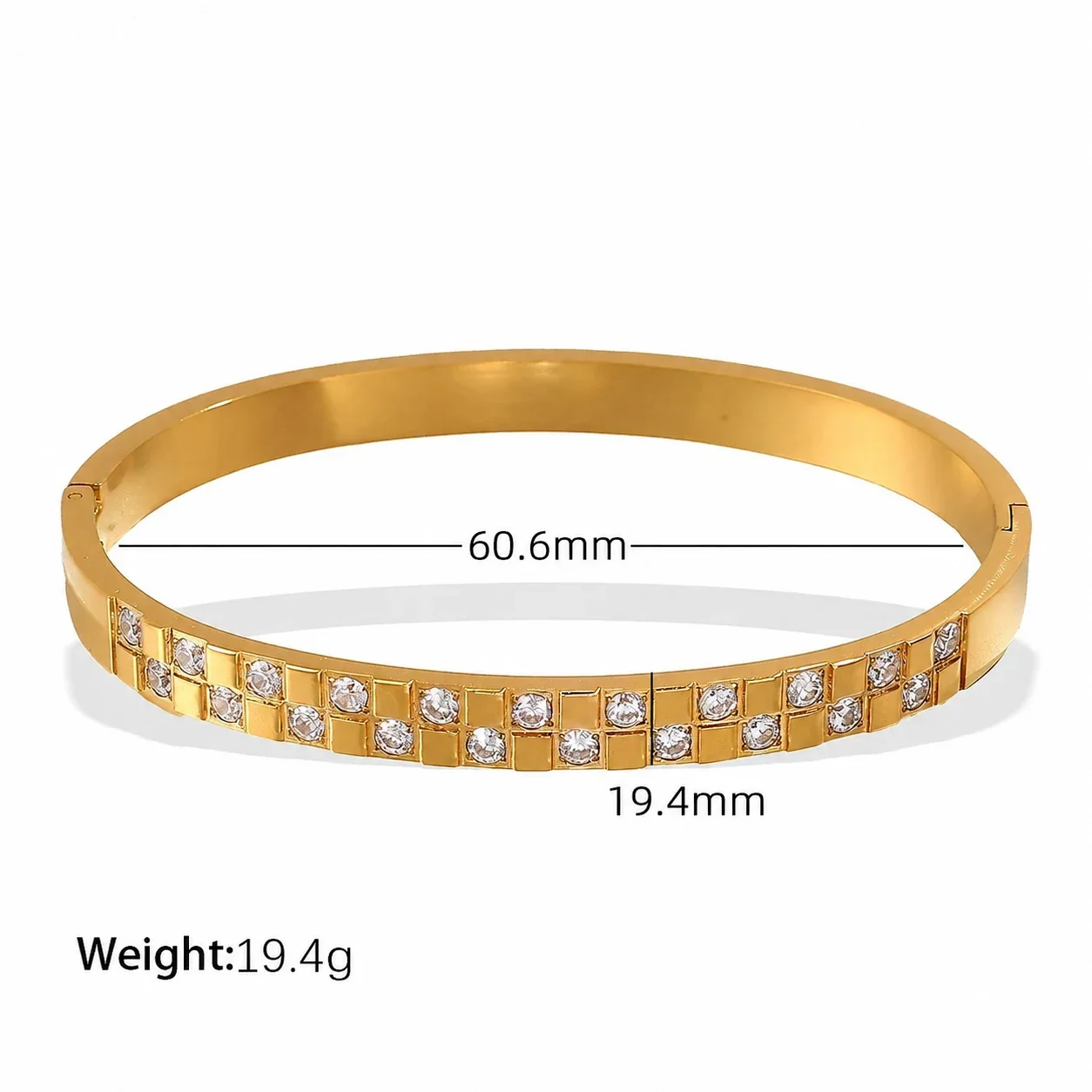 Geometric Square Crystal Bangle, Stainless Steel - White Crystal Gold