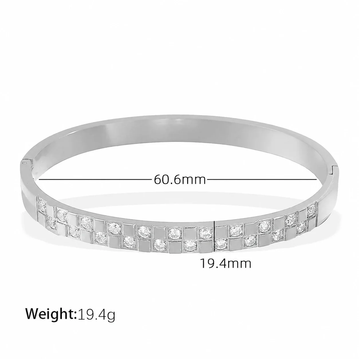 Geometric Square Crystal Bangle, Stainless Steel - White Crystal Silver