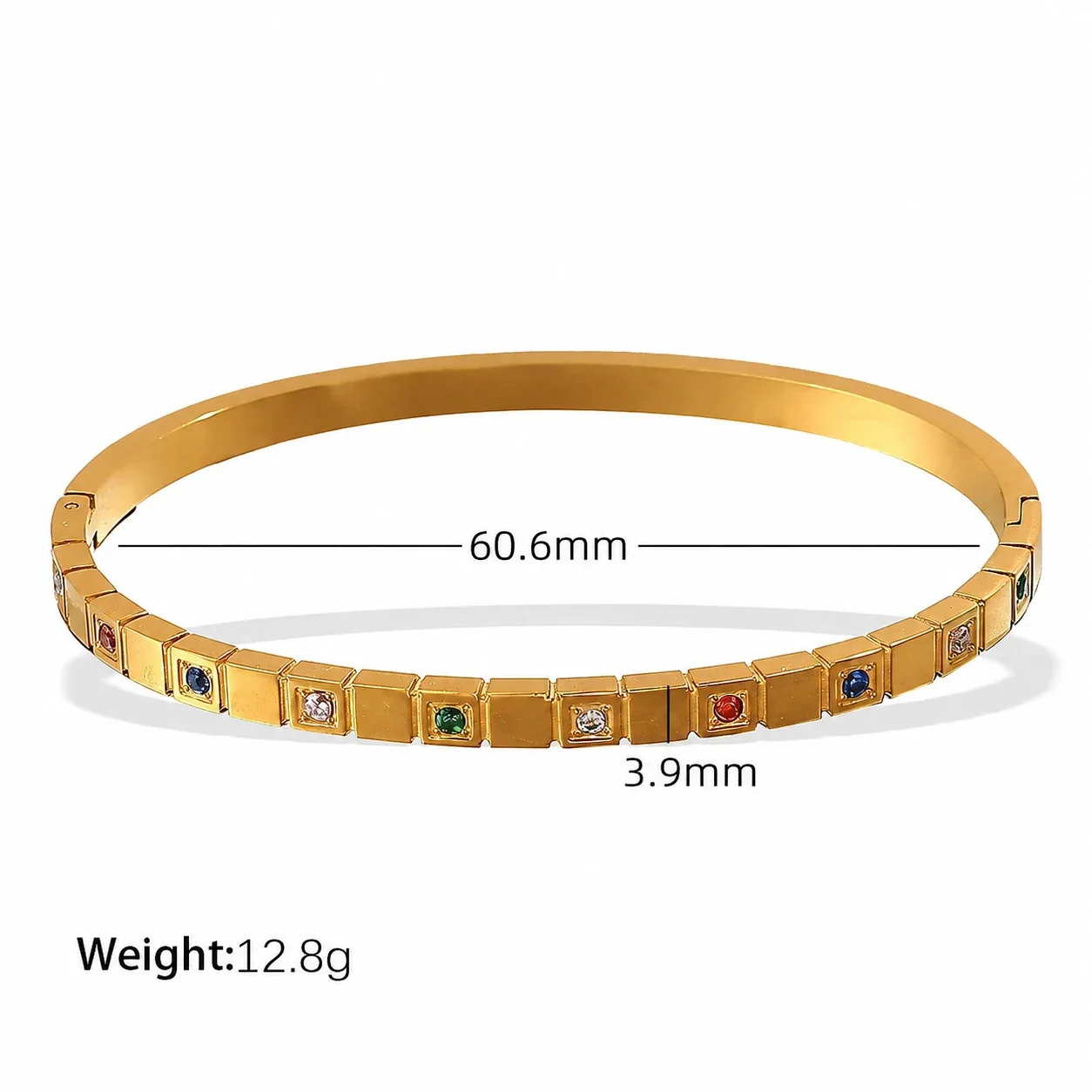Geometric Square Crystal Bangle, Stainless Steel - Multicolor Crystal Gold