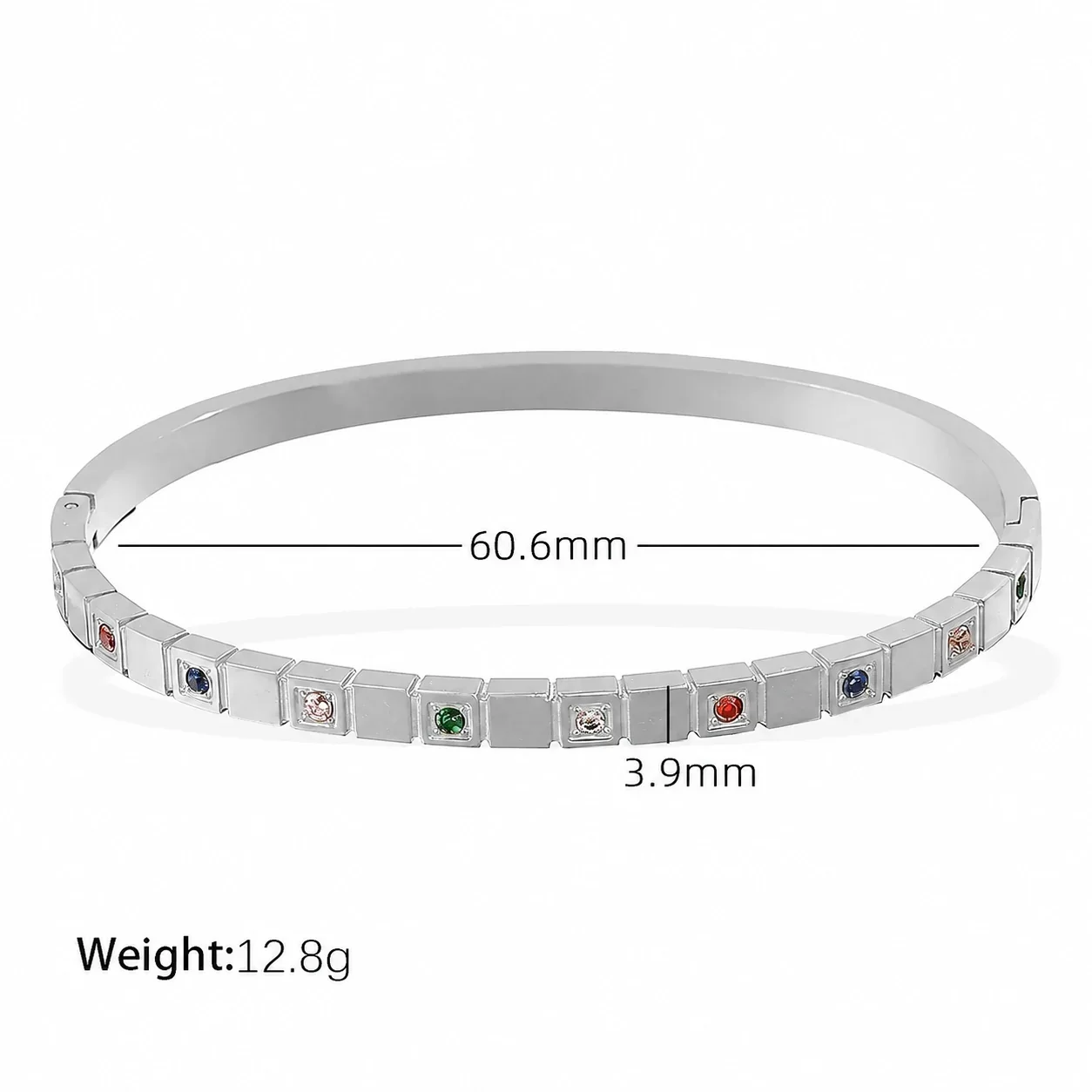 Geometric Square Crystal Bangle, Stainless Steel - Multicolor Crystal Silver