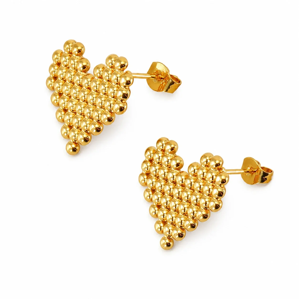 Sculptural Gold-Plated Stainless Steel Bead Grid Stud Earrings