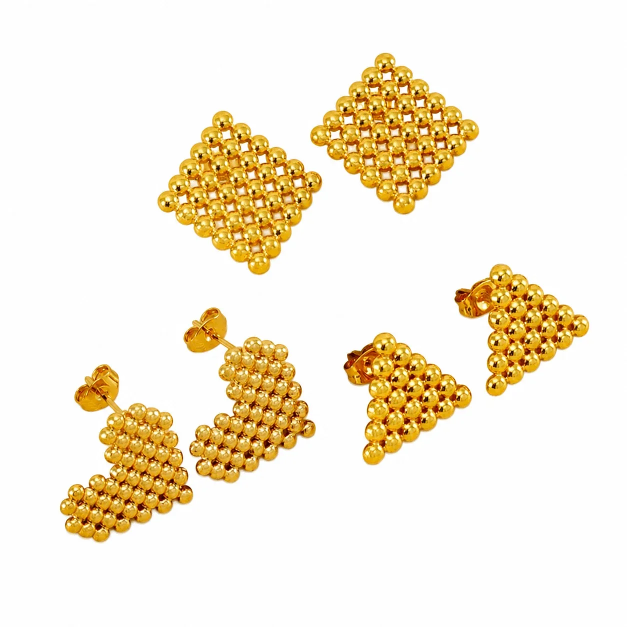 Sculptural Gold-Plated Stainless Steel Bead Grid Stud Earrings