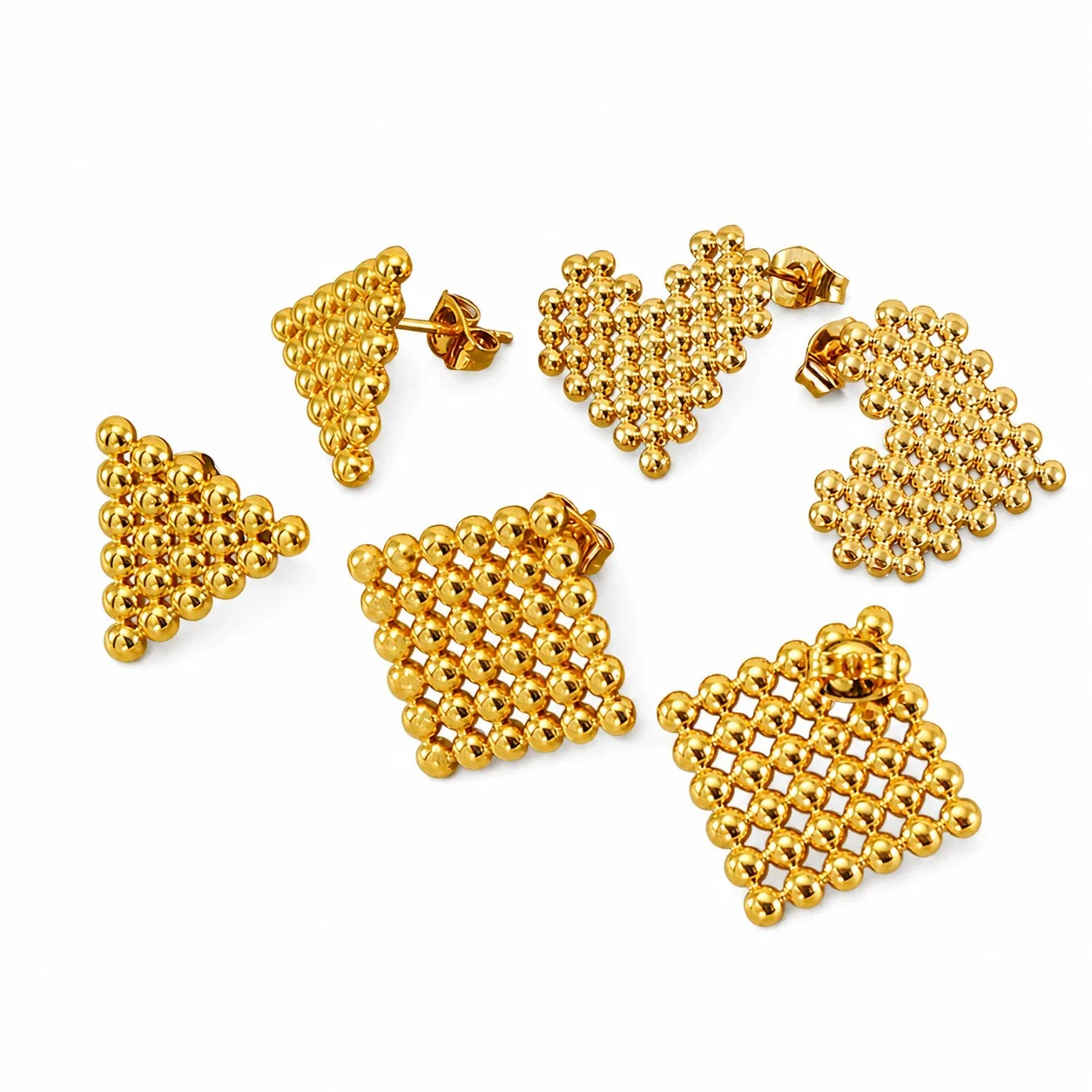 Sculptural Gold-Plated Stainless Steel Bead Grid Stud Earrings
