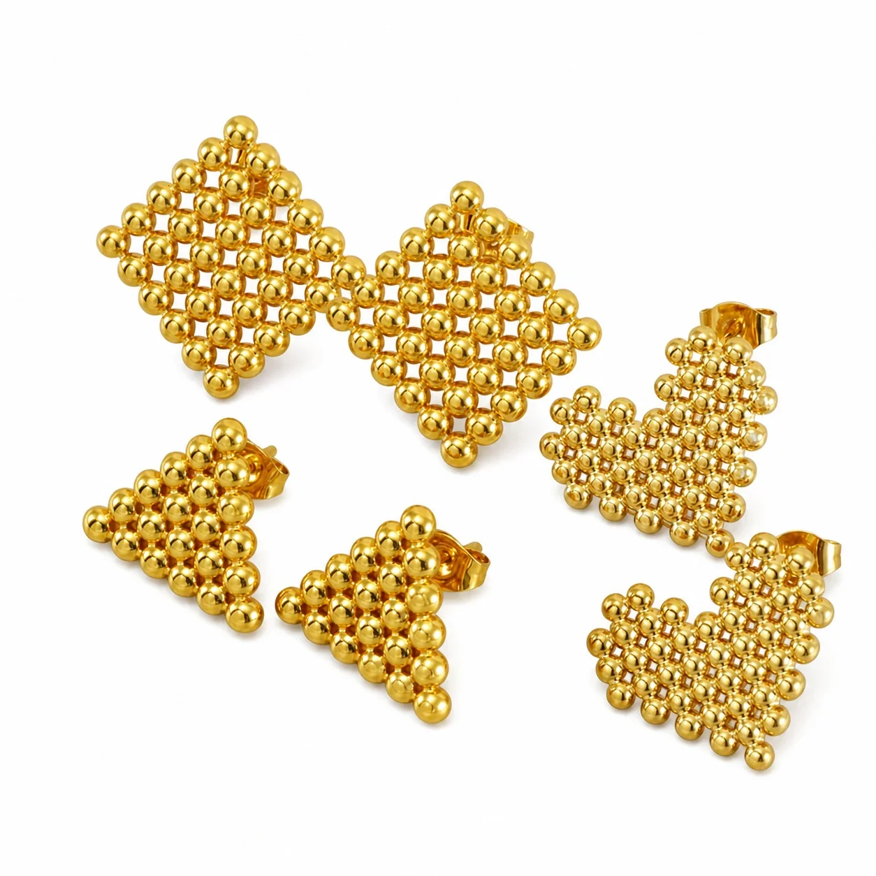 Sculptural Gold-Plated Stainless Steel Bead Grid Stud Earrings