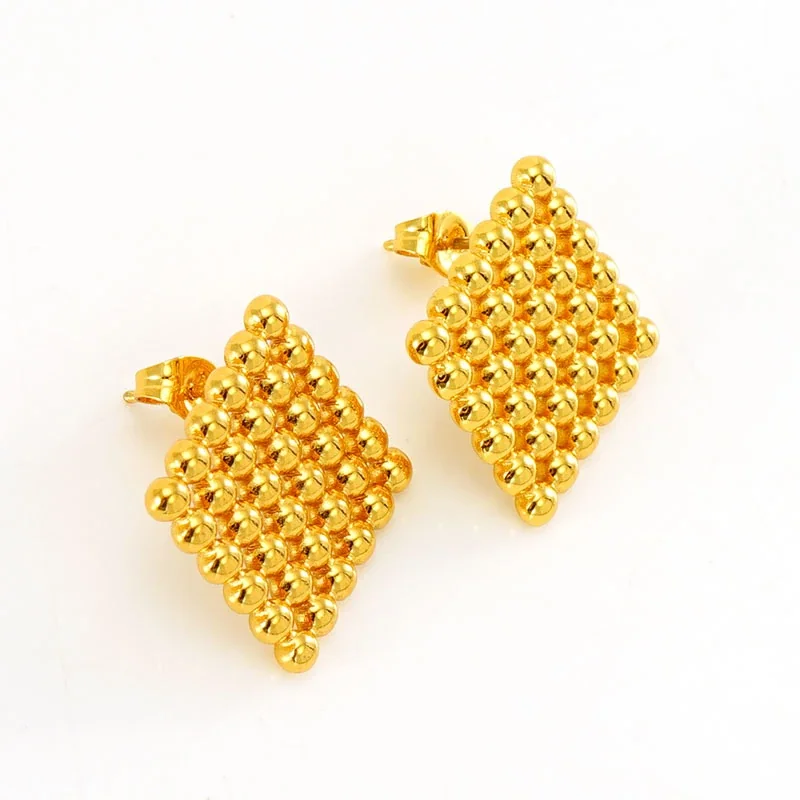 Sculptural Gold-Plated Stainless Steel Bead Grid Stud Earrings