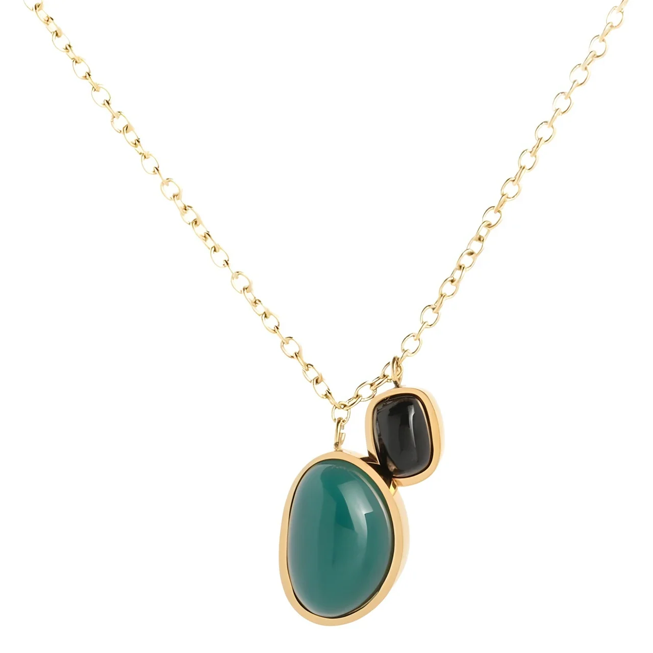 Anklet with Green Oval and Black Agate Cabochons, Stainless Steel