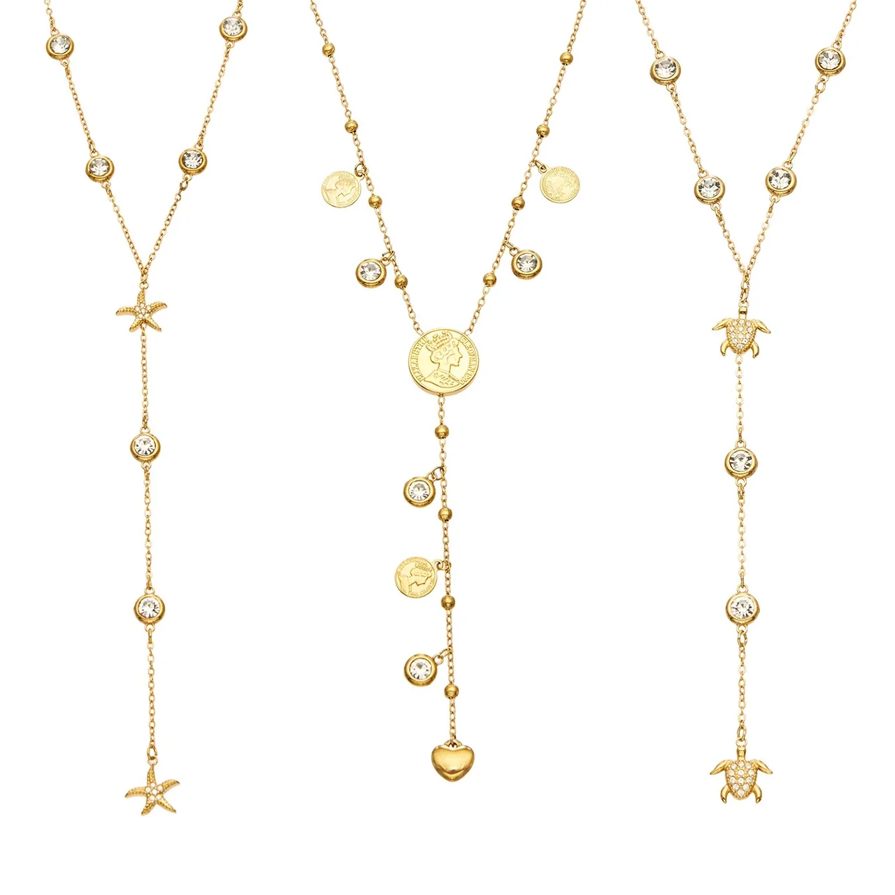 Y-Drop Necklace with Bezel CZ Motifs, Gold PVD Stainless Steel