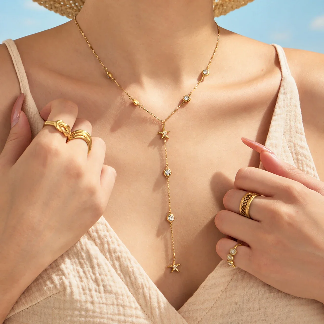 Produktfoto: Y-Collier mit Zirkonia-Motiven in Zargenfassung, Gold-PVD-Edelstahl