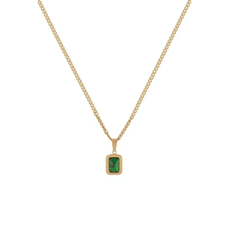 Pendant Necklace, Emerald-Cut Green Crystal, Stainless Steel