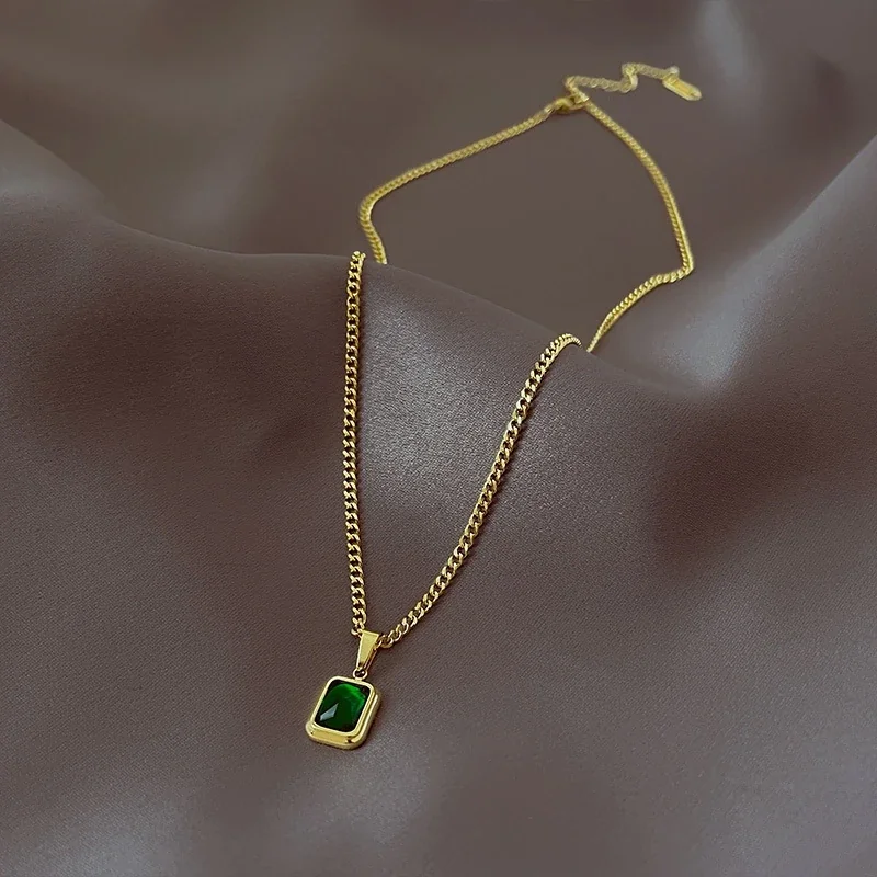 Pendant Necklace, Emerald-Cut Green Crystal, Stainless Steel