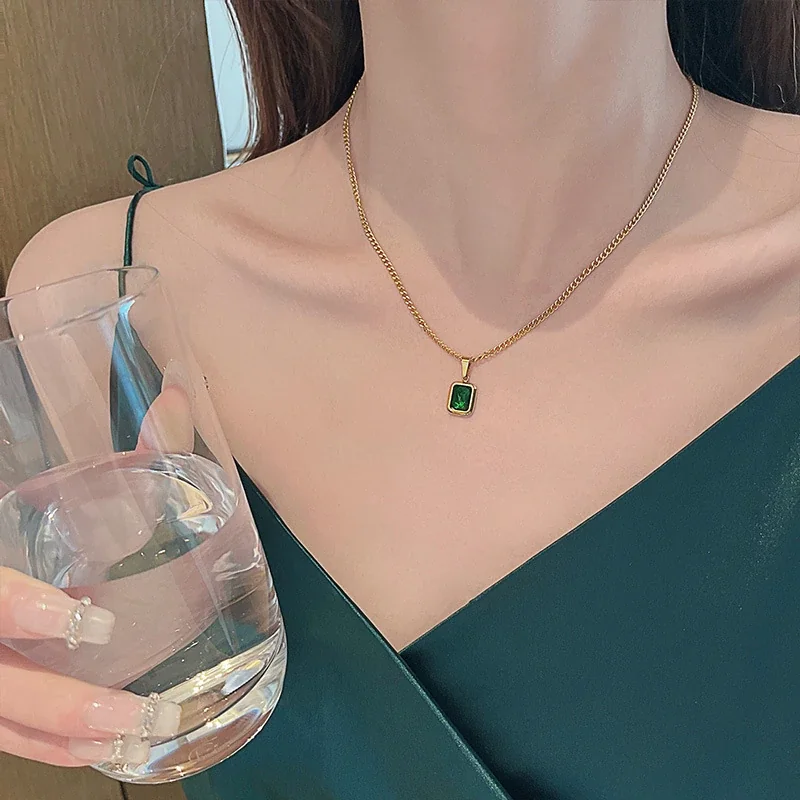 Pendant Necklace, Emerald-Cut Green Crystal, Stainless Steel