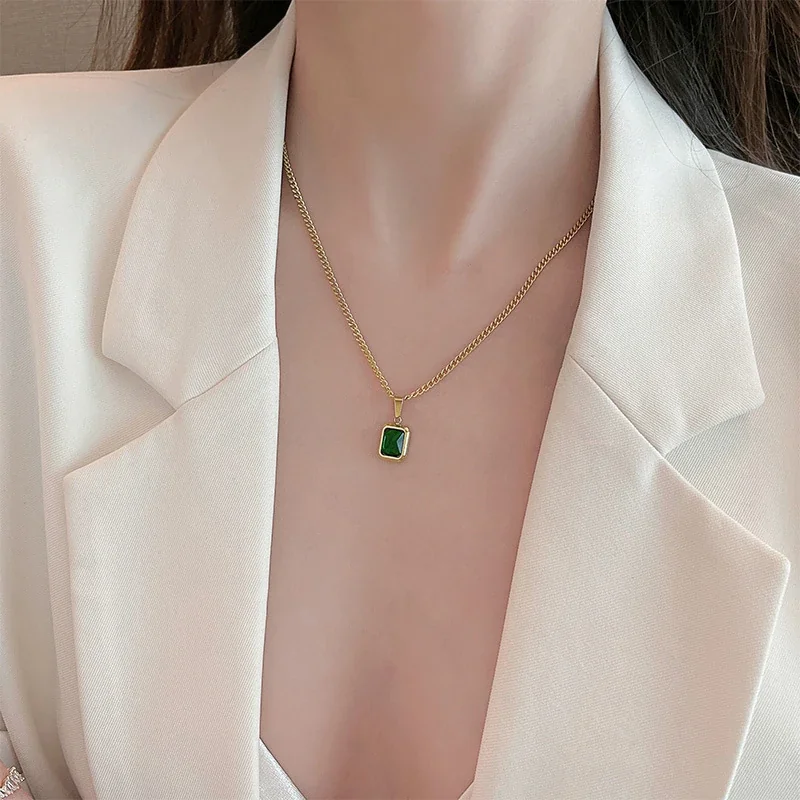 Pendant Necklace, Emerald-Cut Green Crystal, Stainless Steel