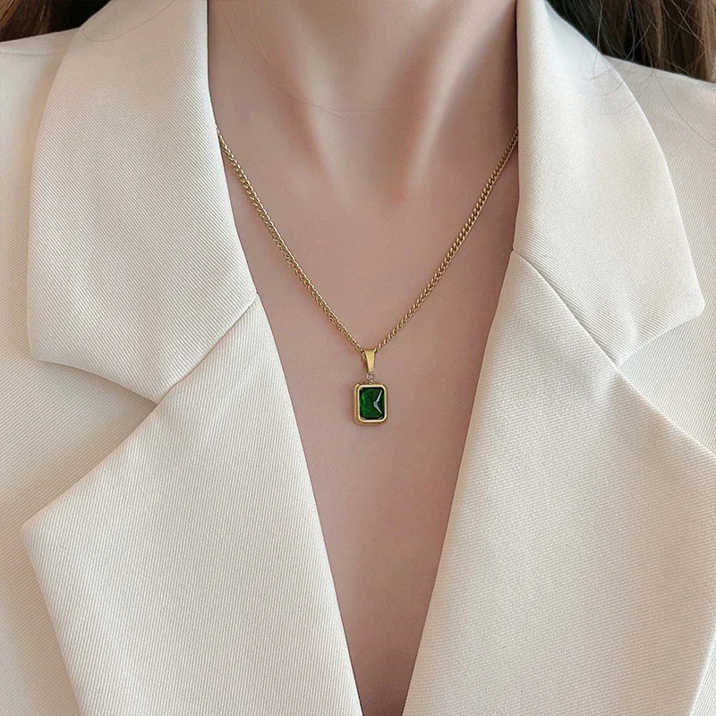 Pendant Necklace, Emerald-Cut Green Crystal, Stainless Steel