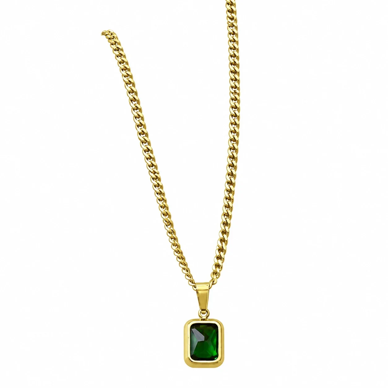 Pendant Necklace, Emerald-Cut Green Crystal, Stainless Steel - Gold