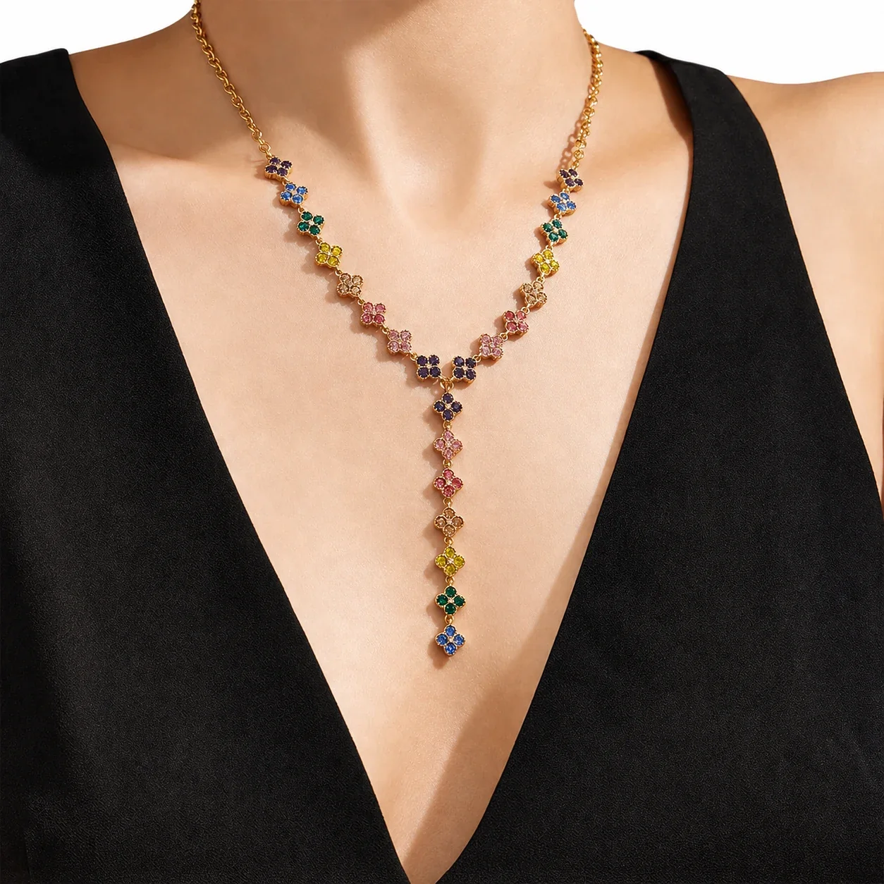 Vivid 316L Stainless Steel Gold PVD Clover CZ Y Necklace