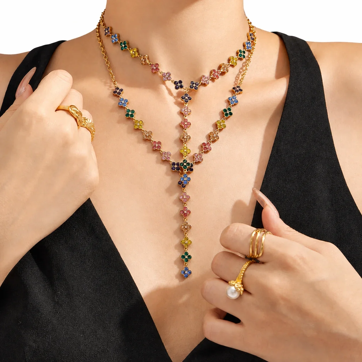 Vivid 316L Stainless Steel Gold PVD Clover CZ Y Necklace