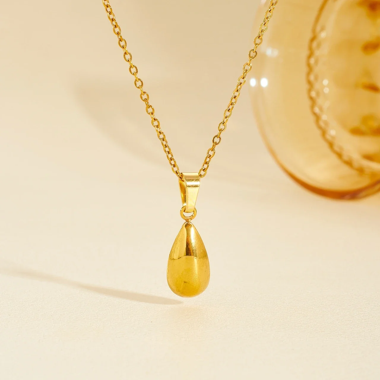 Teardrop Necklace, Oval Link Chain, Gold-Plated Stainless Steel