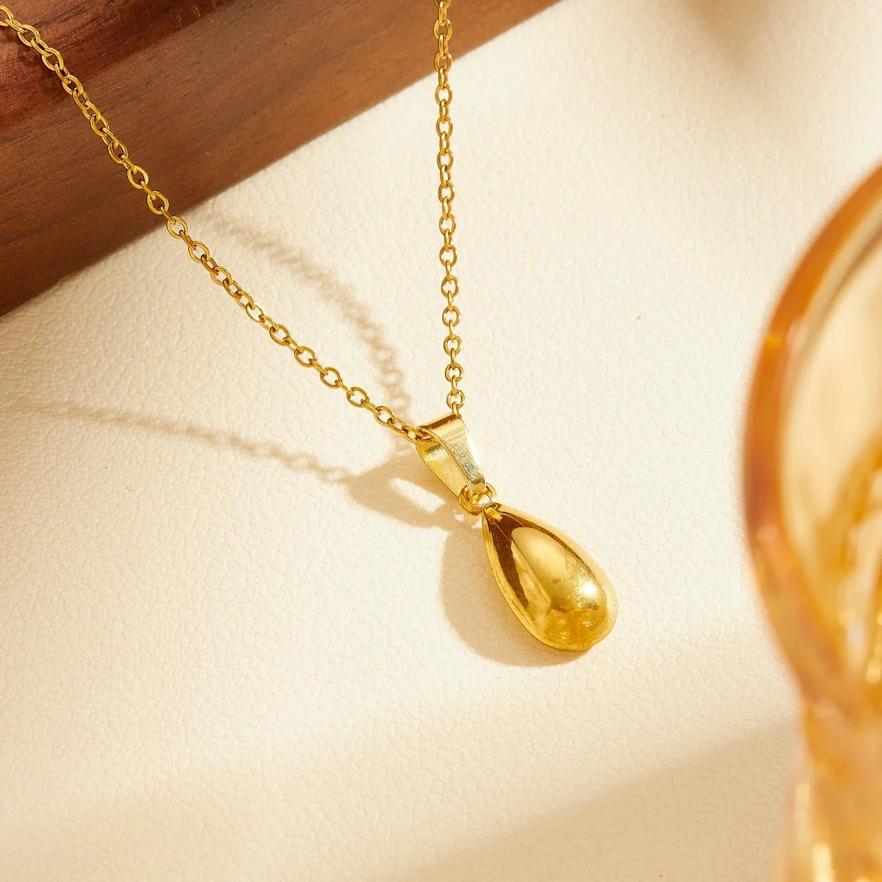 Teardrop Necklace, Oval Link Chain, Gold-Plated Stainless Steel