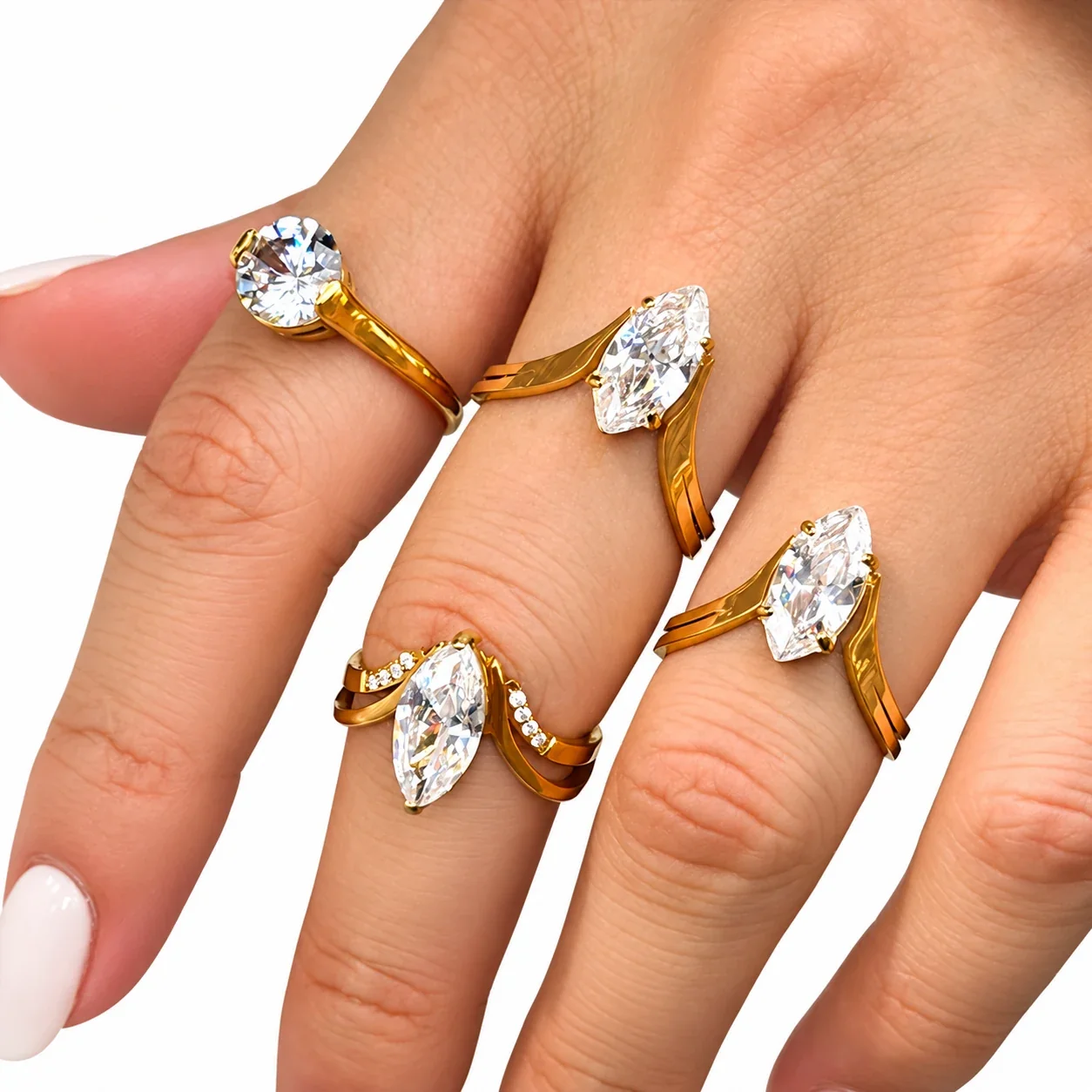 Ring: Verstelbare marquise-CZ met gespleten ringband, 18K verguld productfoto