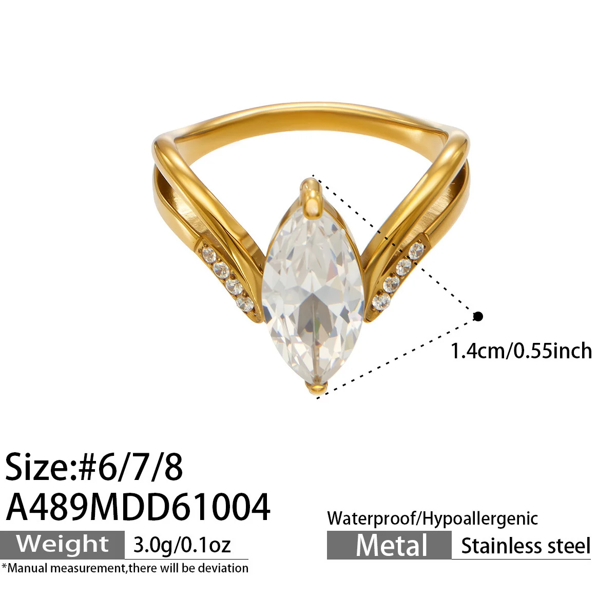Ring: Verstelbare marquise-CZ met gespleten ringband, 18K verguld productfoto