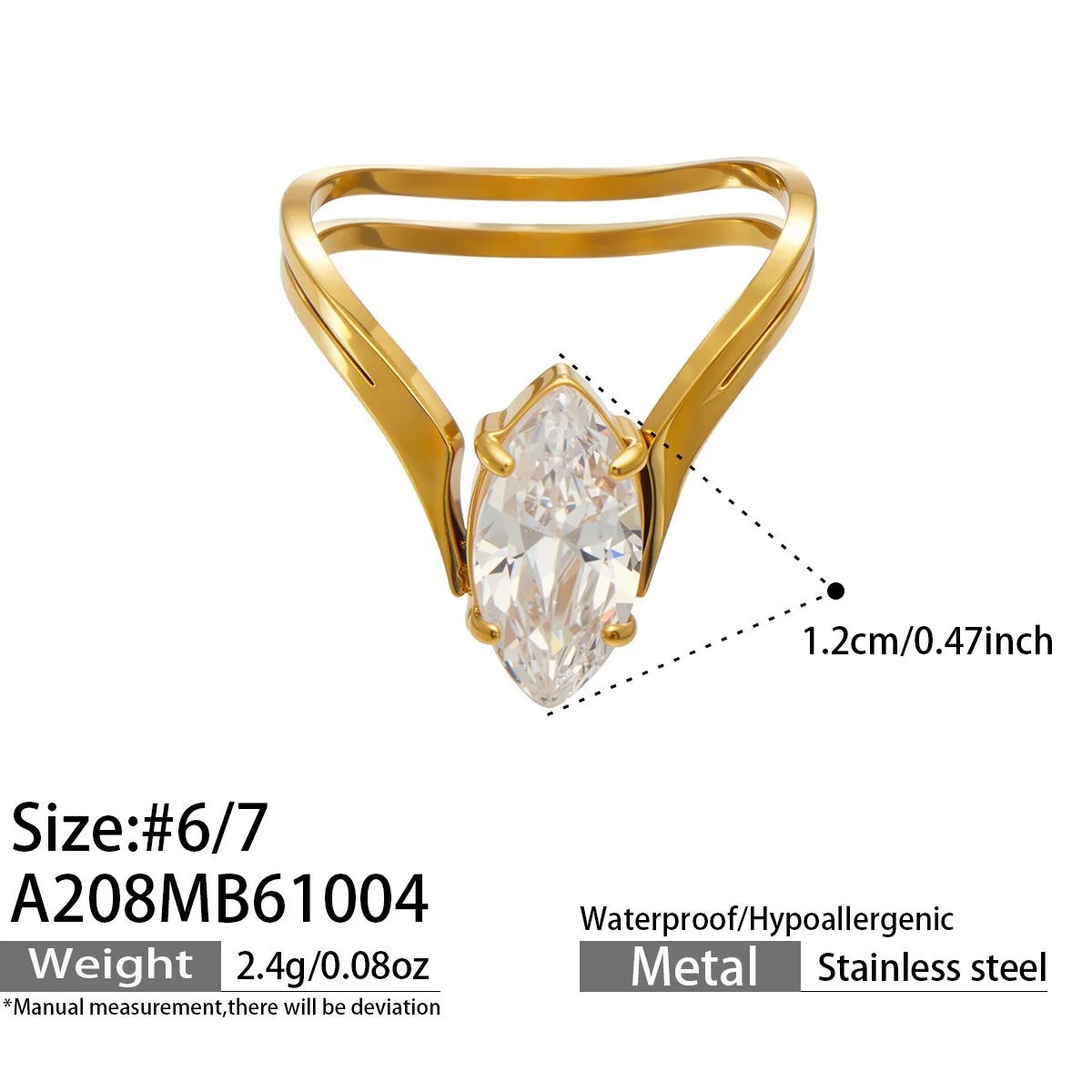 Ring: Verstelbare marquise-CZ met gespleten ringband, 18K verguld productfoto