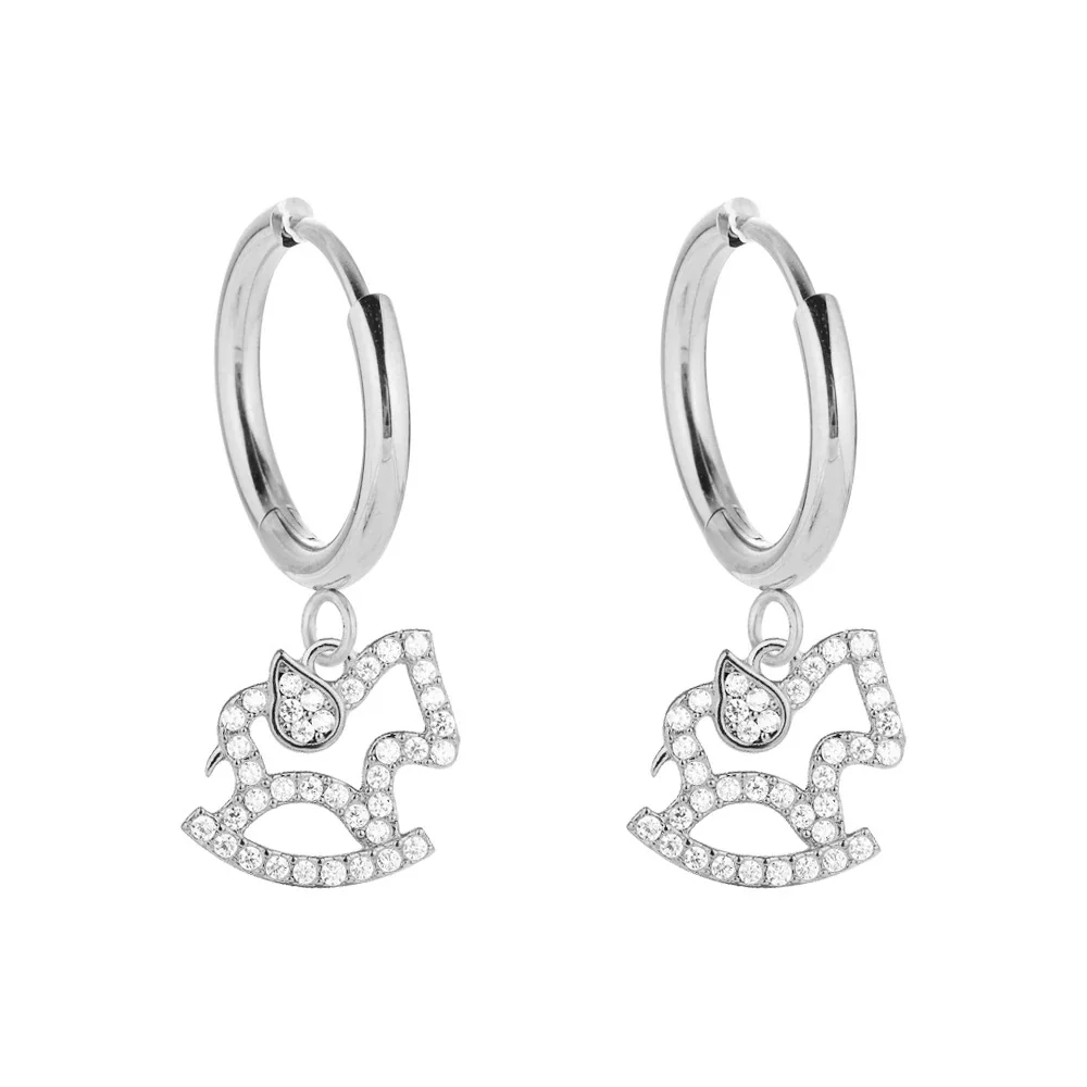 Playful 316 Stainless Steel CZ Charm Hoop Earrings - Silver Rocking Horse