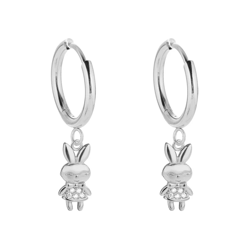 Playful 316 Stainless Steel CZ Charm Hoop Earrings - Silver Bunny